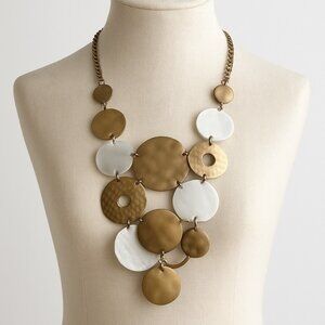 Chico’s Hammered Metal & Mother of Pearl Disc Statement Necklace – Gold Tone